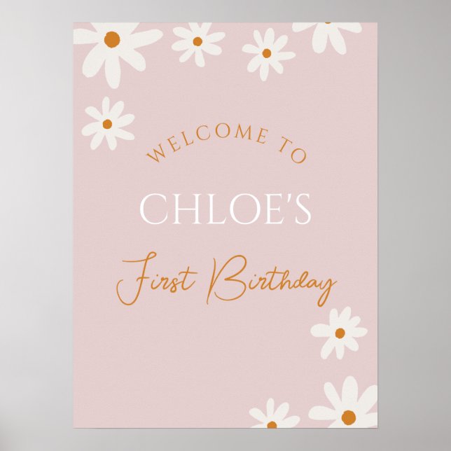 Boho Retro Rosa Daisy Girl First Birthday Välkomme Poster (Framsidan)
