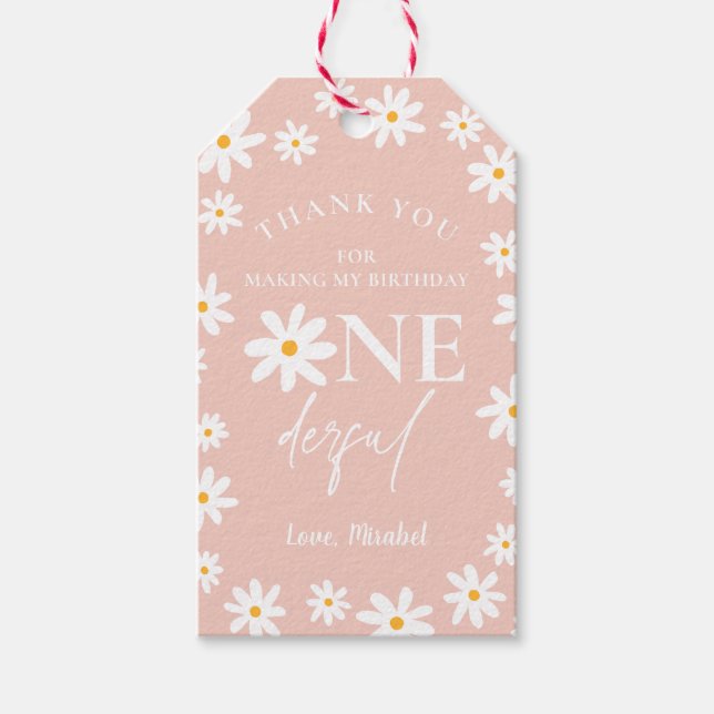 Boho Retro  Rosa Daisy Vild en födelsedag Presentetikett (Framsidan)