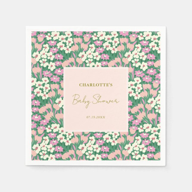 Boho Retro Rosa Sage Blommigt Baby Shower Pappersservett (Framsidan)