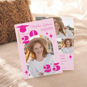 Boho Retro Rosa Stars Modern 4-Photo Studenten Inbjudningar