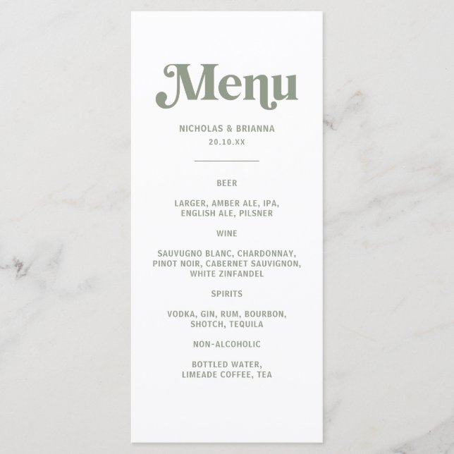 Boho Retro Sage Green Wedding Drinks Menu Meny (Framsida)