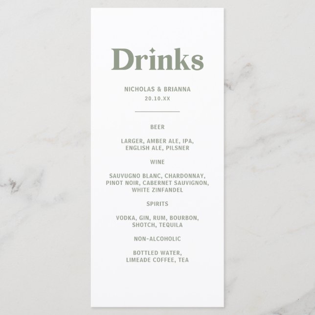 Boho Retro Sage Green Wedding Drinks Menu Meny (Framsida)
