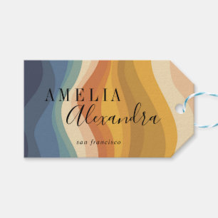 Boho Retro Script Abstrakt Vågiga Linjer Gul Blå Presentetikett