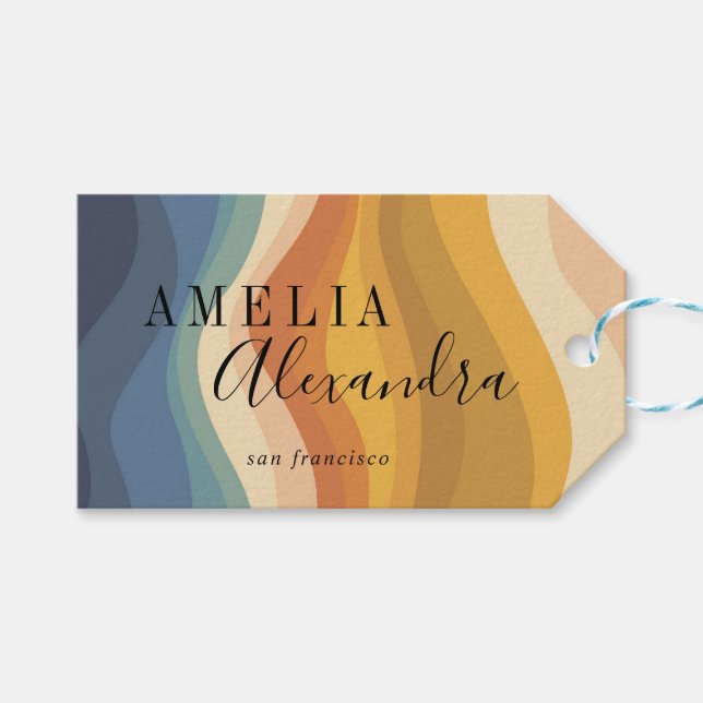 Boho Retro Script Abstrakt Vågiga Linjer Gul Blå Presentetikett (Framsidan (Horisontell))