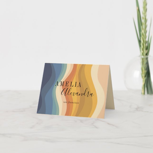 Boho Retro Script Abstrakt Vågiga Linjer Gul Blå Tack Kort (Framsida)