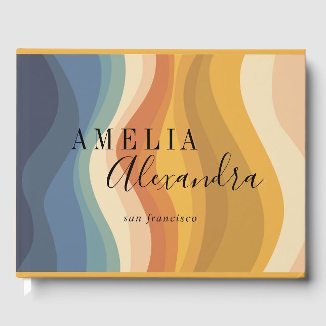 Boho Retro Script-Abstrakten Vågigt Linjer Gult Bl Gästböcker (Framsida)