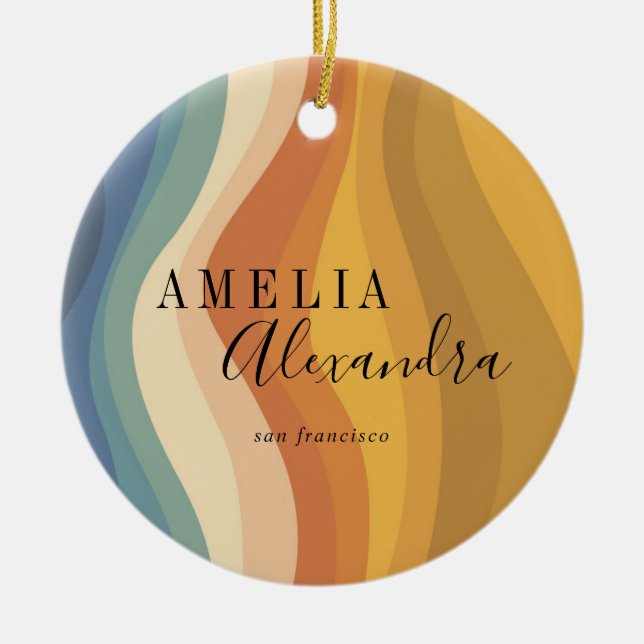 Boho Retro Script-Abstrakten Vågigt Linjer Gult Bl Julgransprydnad Keramik (Framsidan)