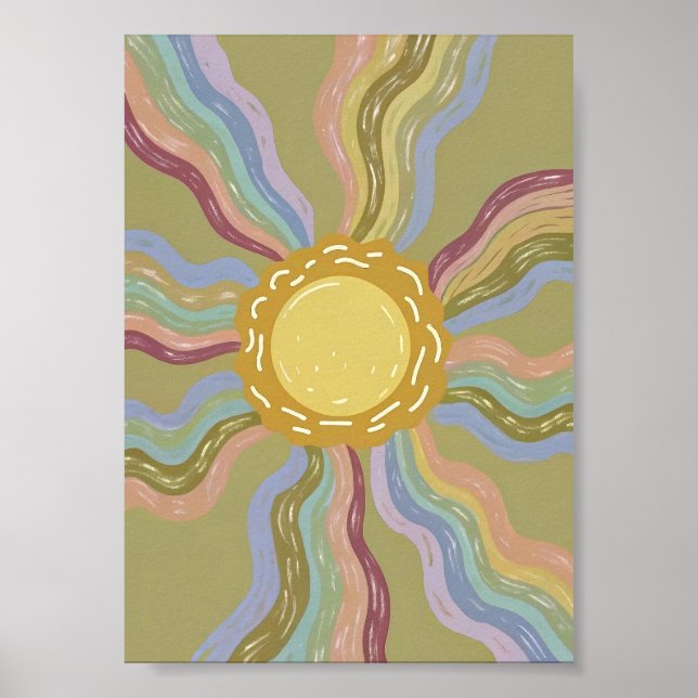 Boho Retro Sol & Dämpade Regnbågsstrålar Minimalis Poster (Framsidan)