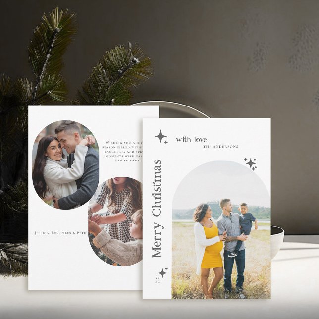 Boho Retro Stars Minimalist BW-fotojul Julkort (family christmas card photo collage minimalist elegant black white boho arch vintage 60s 70s)