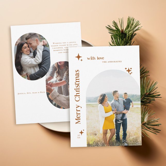 Boho Retro Stars minimalistisk fotojulfamilj Julkort (family christmas card photo collage minimalist elegant earthy terracotta boho arch vintage stars 60s)