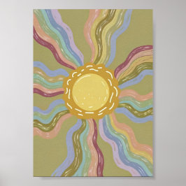 Boho Retro Sun & Muted Rainbow Rays Minimalist Art Poster