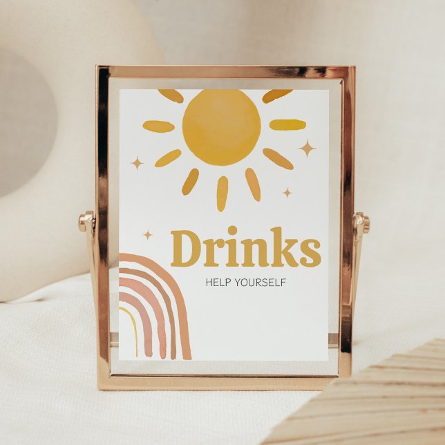 Boho Retro Sunshine Baby Shower Drinks Poster (Here Comes the Sun Baby Shower Drinks Sign)