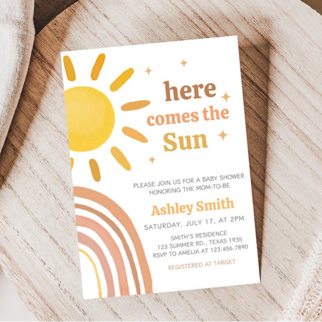 Boho Retro Sunshine Baby Shower Inbjudningar (Here Comes The Sun Baby Shower Invitation)