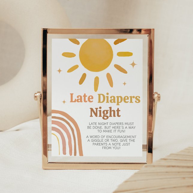 Boho Retro Sunshine Baby Shower Late Night Diables Poster (Here Comes the Sun Baby Shower Late Night Diapers Sign)