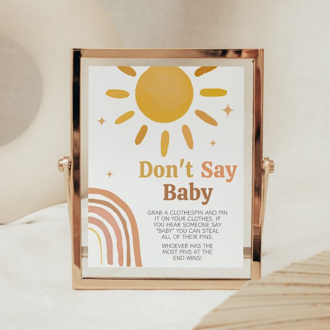 Boho Retro Sunshine Baby Shower Säg inte Baby Poster (Here Comes the Sun Baby Shower Don't Say Baby Sign)