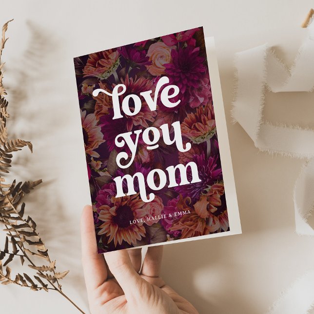 Boho Retro Text | Kärlek du Mamma Bold Blommigt Helgkort (Skapare uppladdad)