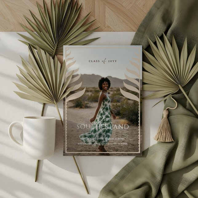 Boho Retro Tropical Handflatan Träd Studenten Phot Inbjudningar (Boho Retro Tropical Palm Tree Graduation Photo Invitation)