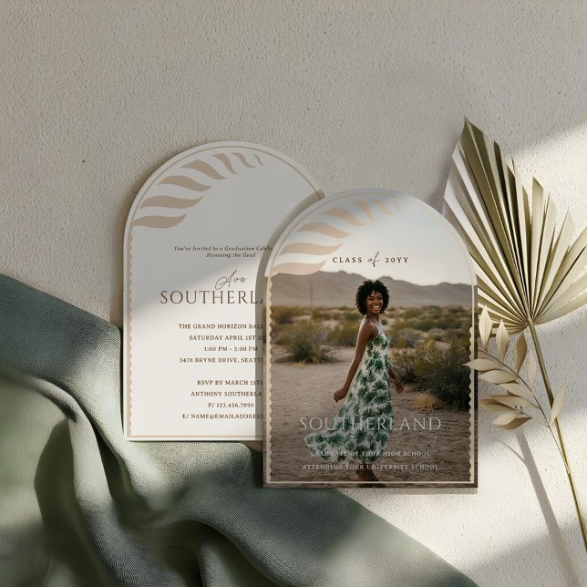 Boho Retro Tropical Handflatan Träd Studenten Phot Inbjudningar (Boho Retro Tropical Palm Tree Graduation Photo Invitation)