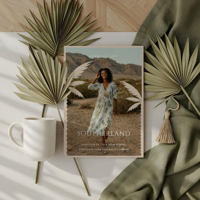 Boho Retro Tropical Handflatan Träd Studenten Phot Inbjudningar (Boho Retro Tropical Palm Tree Graduation Photo Invitation)
