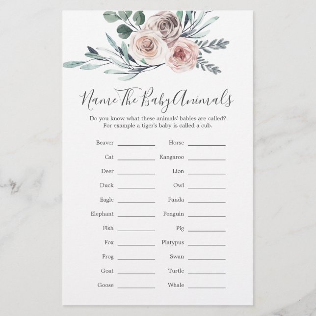 Boho Ro Baby Shower Namn Baby djur Game (Framsida)