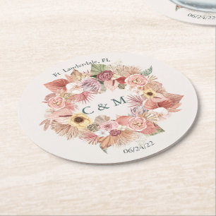 Boho Ro Beige Grönt Blommigt Papper Underlägg Rund