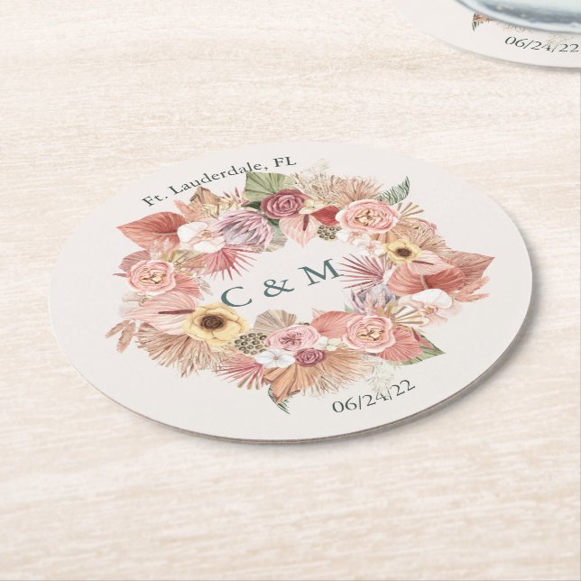 Boho Ro Beige Grönt Blommigt Papper Underlägg Rund (Vinklad)