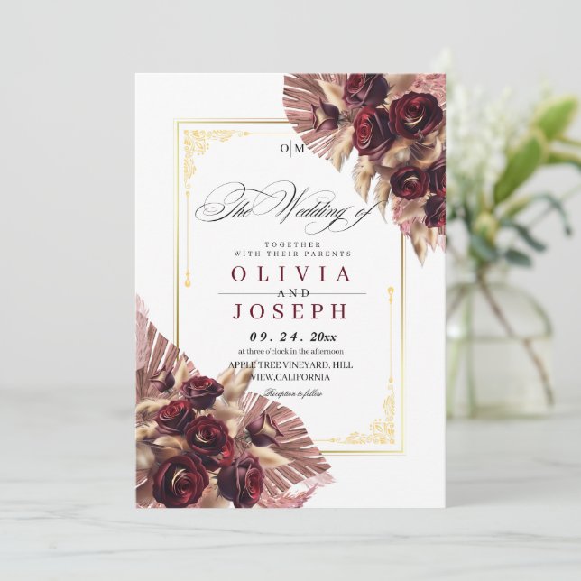 Boho Ro Blommigt Rustic Bröllop Inbjudningar (Stående Fram)