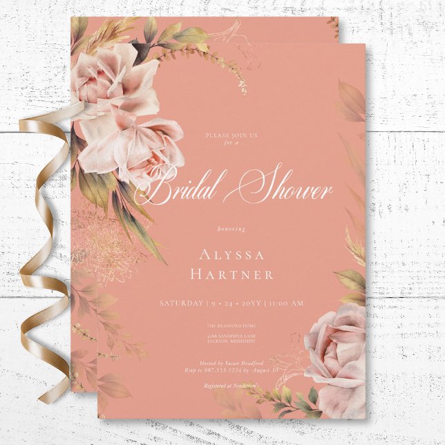 Boho  Ro & Grass Möhippa Inbjudningar (Boho Blush Roses & Grasses Bridal Shower Invitation)