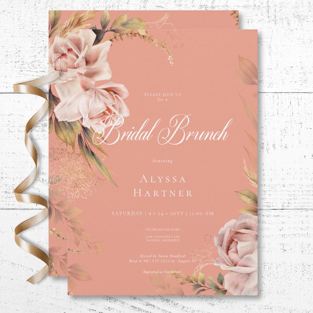 Boho  Ro & Grasses Möhippa Brunch Inbjudningar (Boho Blush Roses & Grasses Bridal Brunch Invitation)