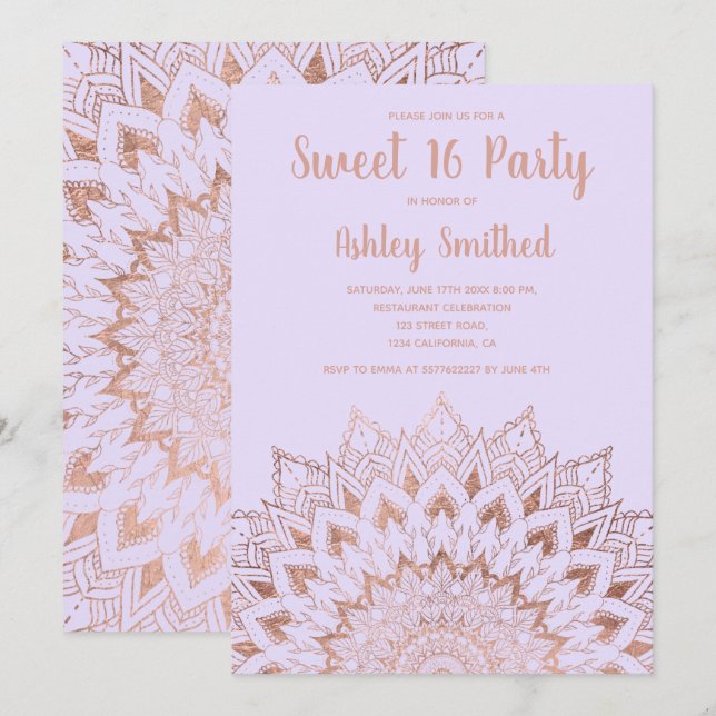 Boho ro guld blommigt mandala lavender Sweet 16 Inbjudningar (Fram/baksida)
