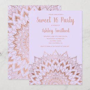 Boho ro guld blommigt mandala lavender Sweet 16 Inbjudningar