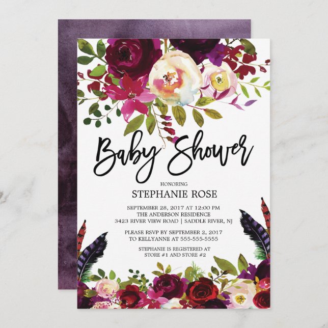 Boho Ro Lila Blommigt Baby Shower-inbjudan Inbjudningar (Fram/baksida)