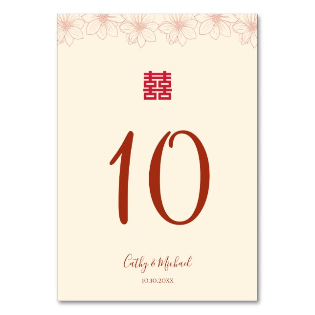 Boho röd beige blomster kinesisk bröllopsdubbel xi bordsnummer (Framsidan)