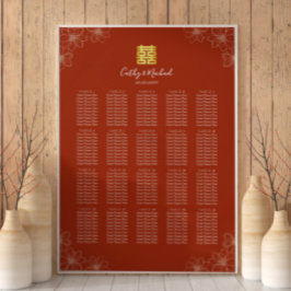 Boho röd blomster- kinesisk bröllops sittplatskart poster