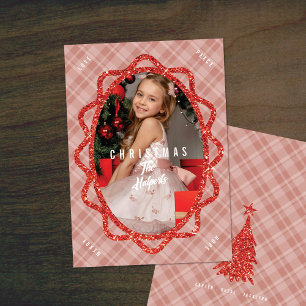 Boho Röd Glitter & Plaid Oval Foto Jul Julkort