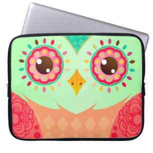 Boho röd & grön uggla laptop fodral