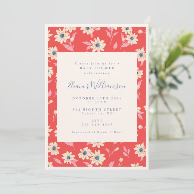 Boho röd och blå blomster baby shower inbjudningar (Stående Fram)