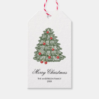 Boho röd och grön akvarell Glad jul Träd Presentetikett