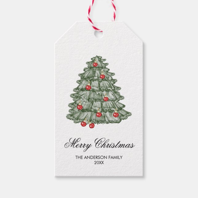 Boho röd och grön akvarell Glad jul Träd Presentetikett (Framsidan)