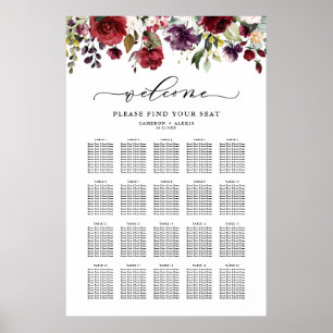 Boho röd och lila blomsterbryllop sittplatskarta poster