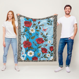 Boho Röd ros Daisy Snöre Butterflies Blue Fleecefilt