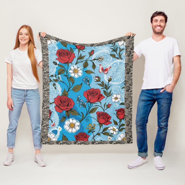Boho Röd ros Daisy Snöre Butterflies Blue Fleecefilt (På plats)