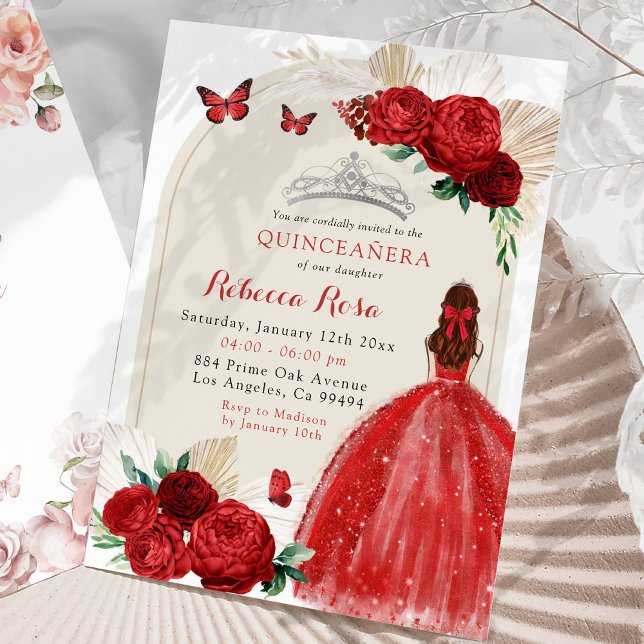 Boho Röd ros Princess Royal Quinceañera Inbjudningar (Skapare uppladdad)