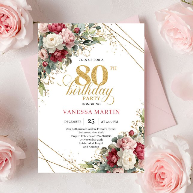 Boho röd vit grönska 80-års födelsedagsinbjudan inbjudningar (Boho Red White Greenery 80th Birthday Invite)