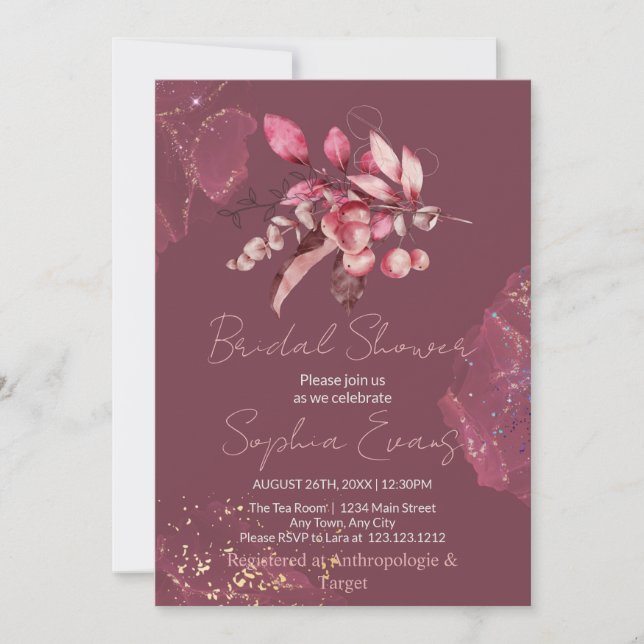 Boho röda bär och grönska Burgundy bröllopsdusch Inbjudningar (Framsida)