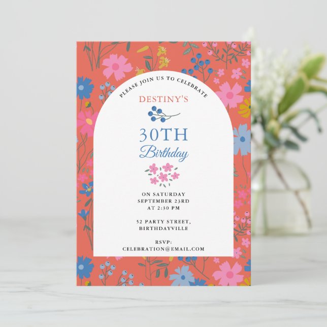 Boho Röda Blommor Vilda Blommor 30-års 40-års Föde Inbjudningar (Stående Fram)