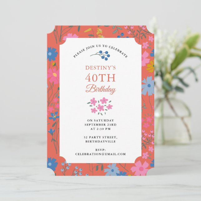Boho Röda Blommor Vilda Blommor 30-års 40-års Föde Inbjudningar (Stående Fram)