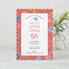 Boho Röda Blommor Vildblommor 40-års 50-års Födels Inbjudningar