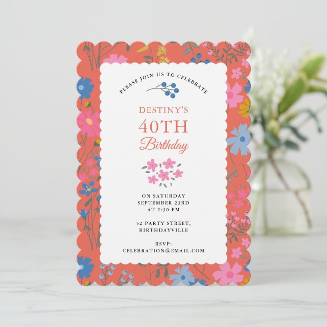 Boho Röda Blommor Vildblommor 40-års 50-års Födels Inbjudningar (Stående Fram)
