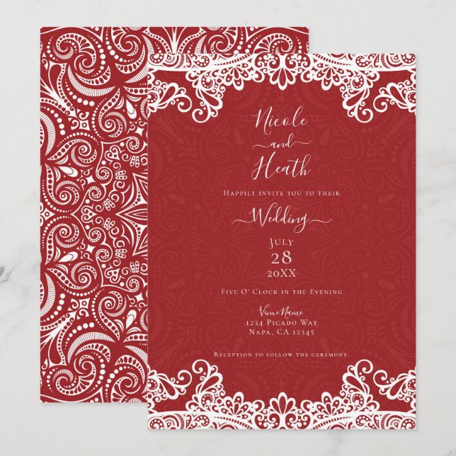 Boho Röda & Vita Spetsar Djärvt Mönster Bröllop Inbjudningar (Fram/baksida)